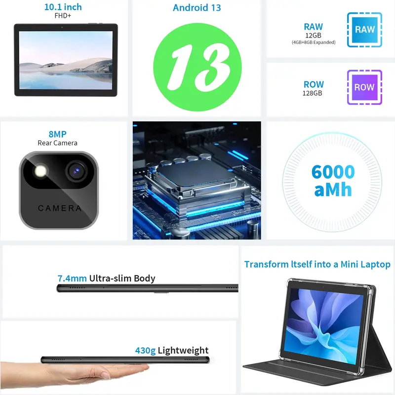 YOBANSE 10.1 Inch Android 13 Tablet, 12GB RAM 128GB ROM Tablet with Keyboard, 5G WiFi Tablet with Case, Mouse, Stylus 8
