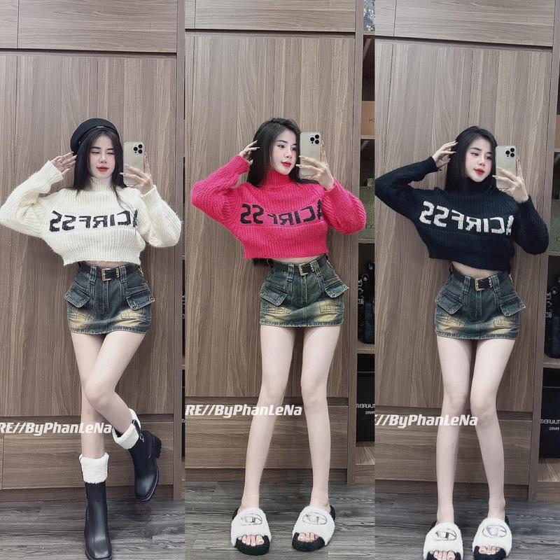 Áo Len Lông Chữ Cổ Cao Dáng Lửng  Hồng  Nữ