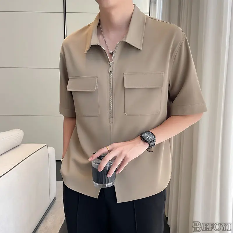 Men shirts short sleeve zip collar T shirt Korean style trend casual loose tops all-match dtt01 Menswear Lingerie  Beige Collared Plain