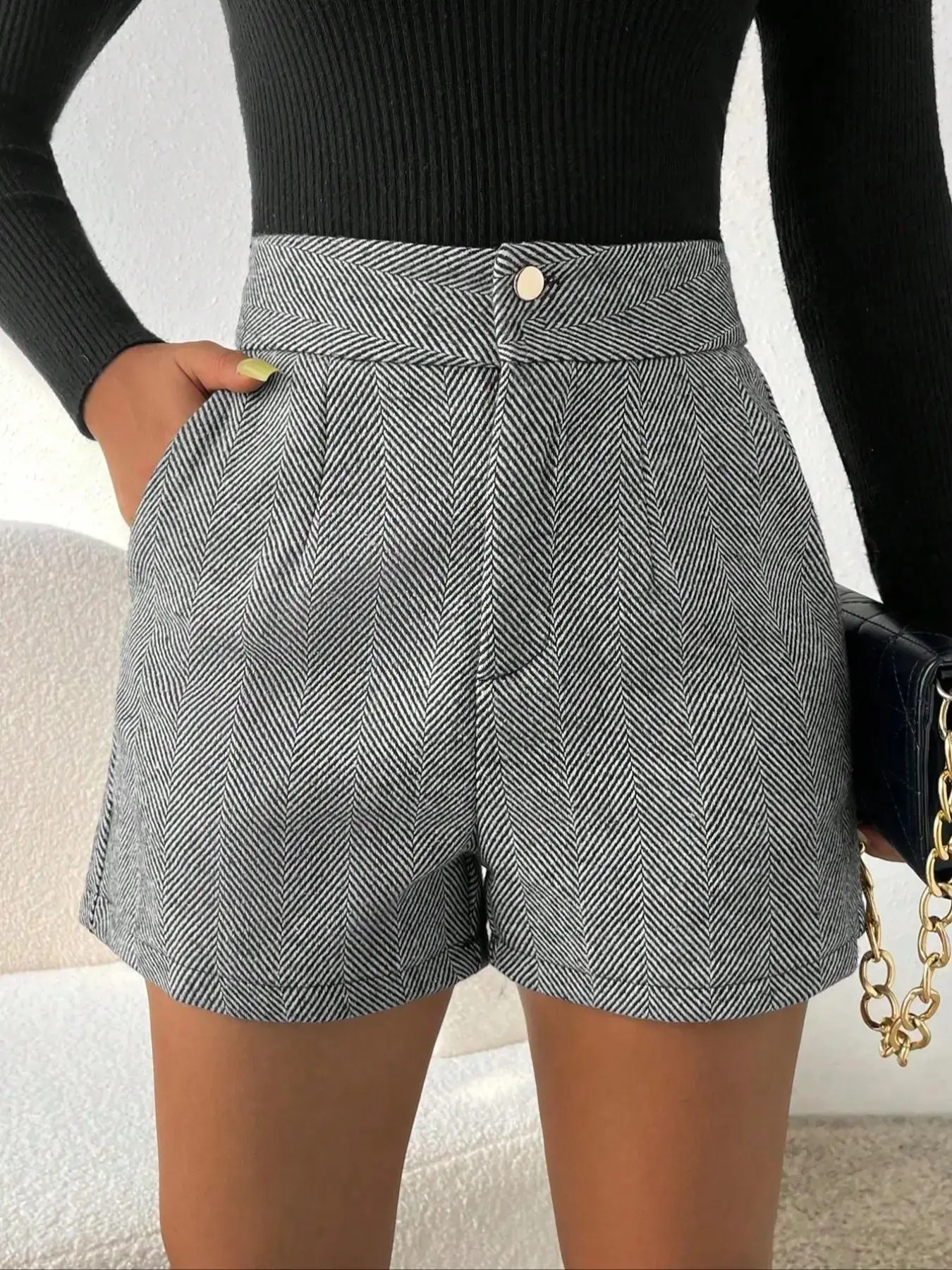 Women's Herringbone Print Pocket Button Shorts, Casual Fashion High Waist Shorts for Daily Wear, Ladies Bottoms for All Seasons