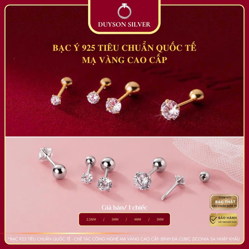 Khuyên tai nam nữ nụ đá bạc 925 chốt vặn cá tính, Bông tai unisex bạc Ý 925 mạ vàng cao cấp DUYSON SILVER [KCBX1]