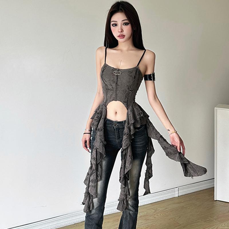 Áo Yếm Cho Nữ, Trang Trí Kim Loại Rách, Viền Xù, Không Tay, Hở Lưng, Áo Ba Lỗ, Áo Vest Mùa Hè 2