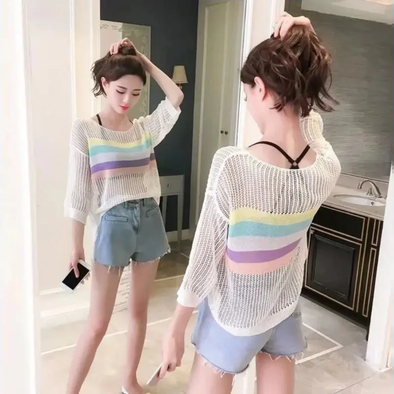 Áo Len Nữ, Thiết Kế khoét Chống Nắng, Dáng Rộng Vừa Vặn, Họa Tiết Sọc, Dành Cho Nữ Nhung Women Top có thể giặt máy hàng dệt kim 【 trắng 】 3