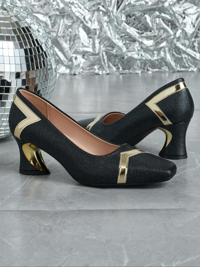 Product Introduction of Women's Fashionable Metallic Square Toe High Heel Shoes, Elegant  Slip on Shoes for Party, Daily Clothing Decor for Women & Girls 5