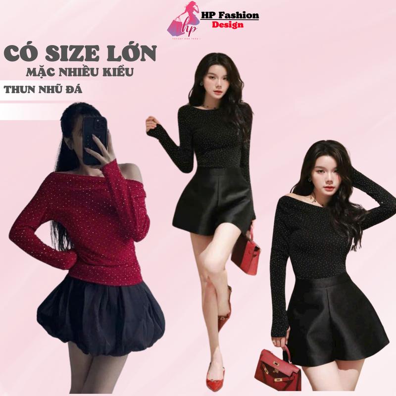 Áo thun body trễ bệt vai cổ thuyền dài tay đá lấp lánh, áo kiểu nữ đỏ đô đen noel tết xmax HP19 Top Sơ Mi có bigsize