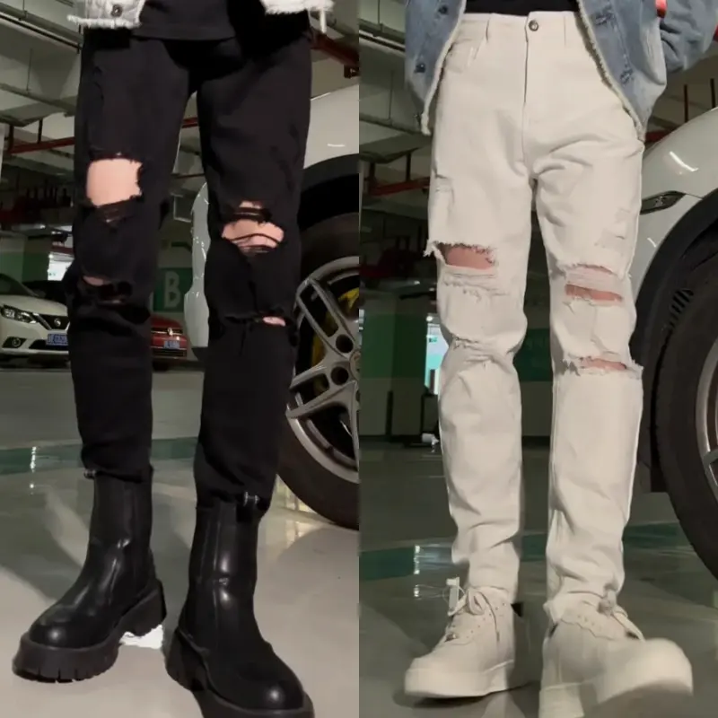 Trendy White Ripped Jeans for Men, Summer Slim Fit, Skinny Korean Style, Fashionable Distressed Long Pants