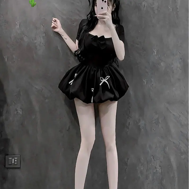 Đầm xoè tay ngắn đính nơ chất liệu thun gân + kate giãn dưới 53kg xinh trẻ trung Nữ Tre Dress Voi Màu Trắng Women Nhung 1