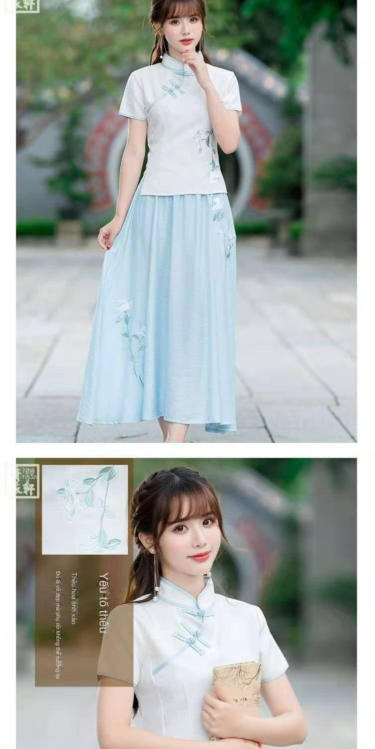 Product Introduction of Bộ Đồ Hai Mảnh Phong Cách Trung Quốc Chất Liệu Vải Lanh Bông Cổ Điển Thiết Kế Có Khóa Kéo, Thêu, ngắn Tay, Thích Hợp Cho Nghệ Thuật Trà, Bộ Đồ Sườn Xám Cải Tiến, Váy, Dành Cho Nữ 7