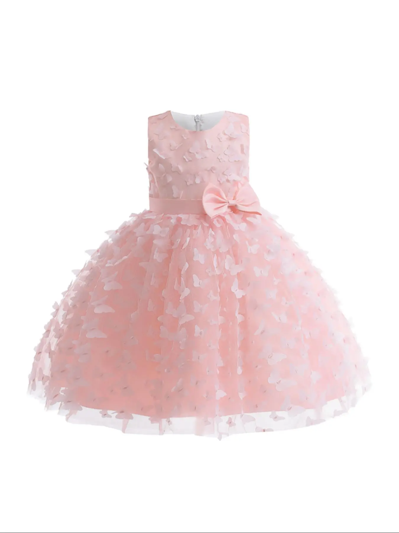 Girl's Butterfly Appliques Bow Decor Satin Formal Dress, Elegant Zipper Back Sleeveless Round Neck Tulle Dress for Party Wedding Guest, Kids Clothes for All Seasons
