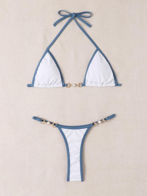 Women's Contrast Binding Faux Pearls Decor Ring Linked Design Sexy Skinny Bikini Set, 2024 Fashionable Summer New Halter Neck Triangle Swim Top & Swim Thong for Beach, Women's Swimwear for All Seasons 8