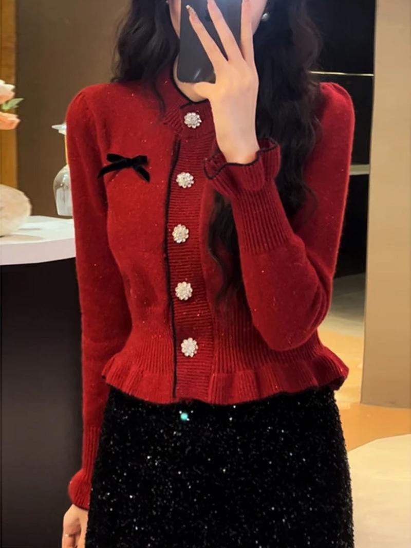 Product Introduction of Áo Cardigan Dệt Kim, Màu Đỏ, Dài Tay, Dành Cho Nữ, Mùa Thu Và Mùa Đông, Cao Cấp, Xếp Nhún, Khâu Ngắn, Cỡ Nhỏ Áo Trên 1