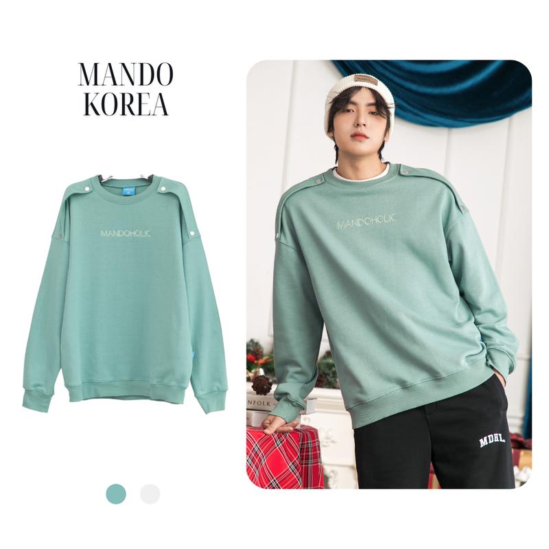 SWT011 Áo Sweater Nỉ Chân Cua 320gsm MANDO Thiết Kế Cúc Bấm Cổ Tròn Dài Tay Menswear