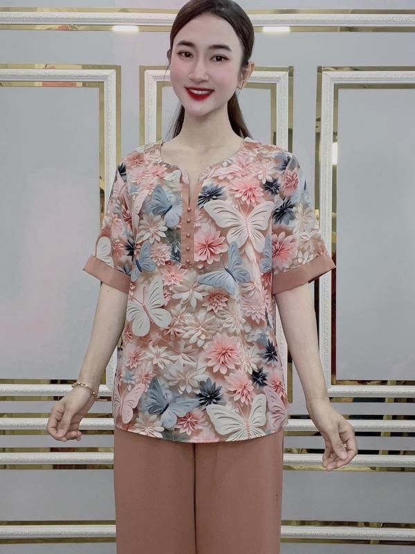  Đồ Bộ Mặc Nhà Thêu Họa Tiết Hoa Lá Thổ Cẩm Hình Khối Trung Niên Tặng Cho Mẹ - Vải Lụa Mango Size lớn Mã DB54 - Nhà May Trung Niên Quần Ngủ Hồng 