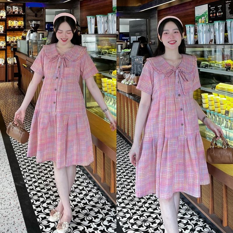 Đầm bầu karo cổ sen đuôi cá xếp ly nơ sang chảnh, nhẹ nhàng bầu diện thoải mái/váy bầu tết, đầm bầu tết, Noel