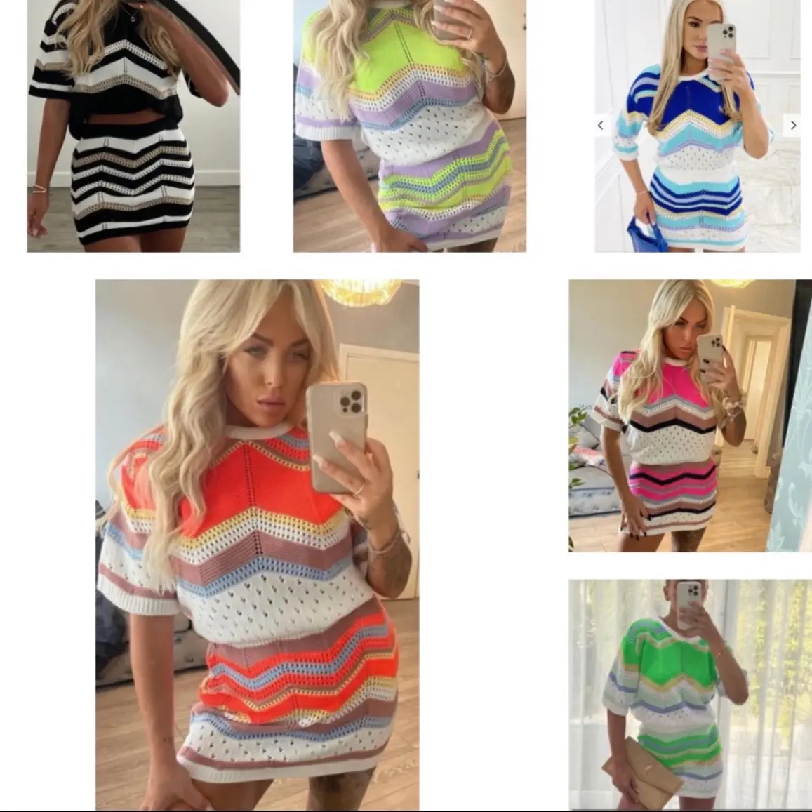 Ladies woman’s neon crochet knit top and skirt sets 6 colours Womenswear Fits