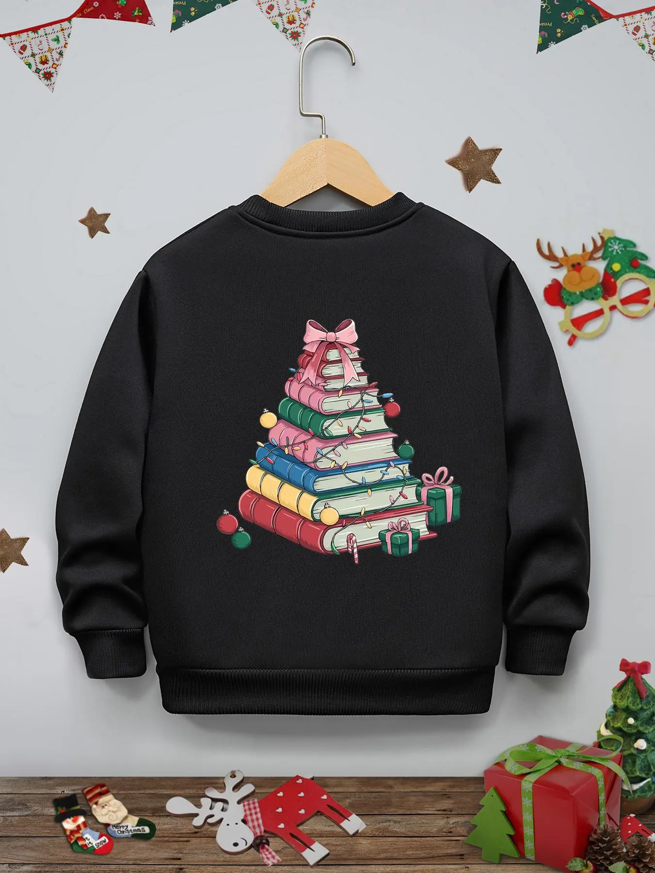 Girl's Christmas Tree Print Round Neck Thermal Lined Sweatshirt, Casual Long Sleeve Crew Neck Pullover for Fall & Winter, Kids Clothes for Daily Wear