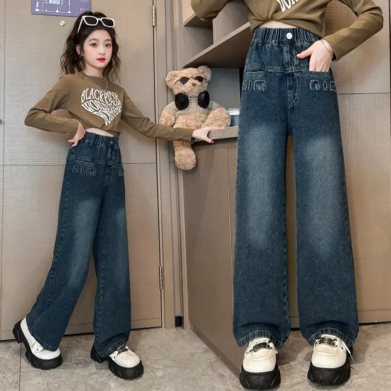 Quần Jean Xuông Chữ Miu Và Trơn Cho  Bé Gái, Chất Jean Đứng Fom, Cạp Chun quầnốngloe nữ Pants Women quần  ống rộng màu đen