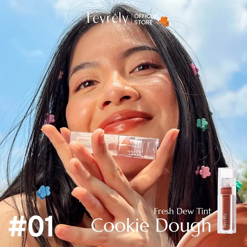 FEYRELY Fresh Dew Tint 4,5ml - 01 Cookie Dough Lip Tint Glossy Plumpy Moist Tahan Lama dan Cocok untuk Bibir Gelap Liptint 2