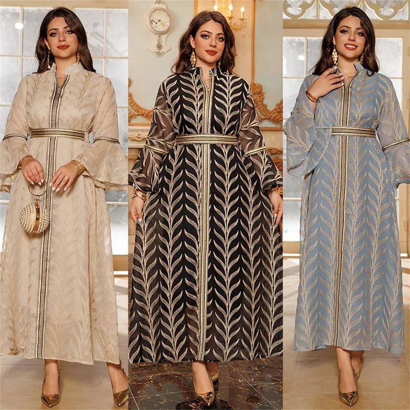 Product Introduction of Dubai Embroidery Abaya With Belt For Muslim Woman Notched Stand Collar Flare Sleeve Elegant Loose Moroccan Saudi Kaftan 1