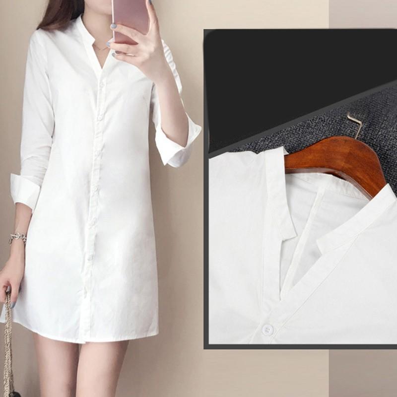 Đầm Sơ Mi Ôm, Thời Trang Nữ Và Bé Gái, Màu Trắng, Dài Tay, Đường Viền Cổ Chữ V Women Dress Váy 4