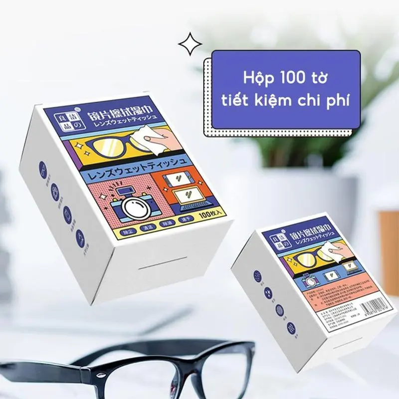 [Mẫu Mới] Hộp 100 Khăn lau kính nano chống bám hơi nước, Giấy lau kính mắt,máy ảnh chống sương mù mồ hôi tiện lợi Cao Su Giày khan lau 5