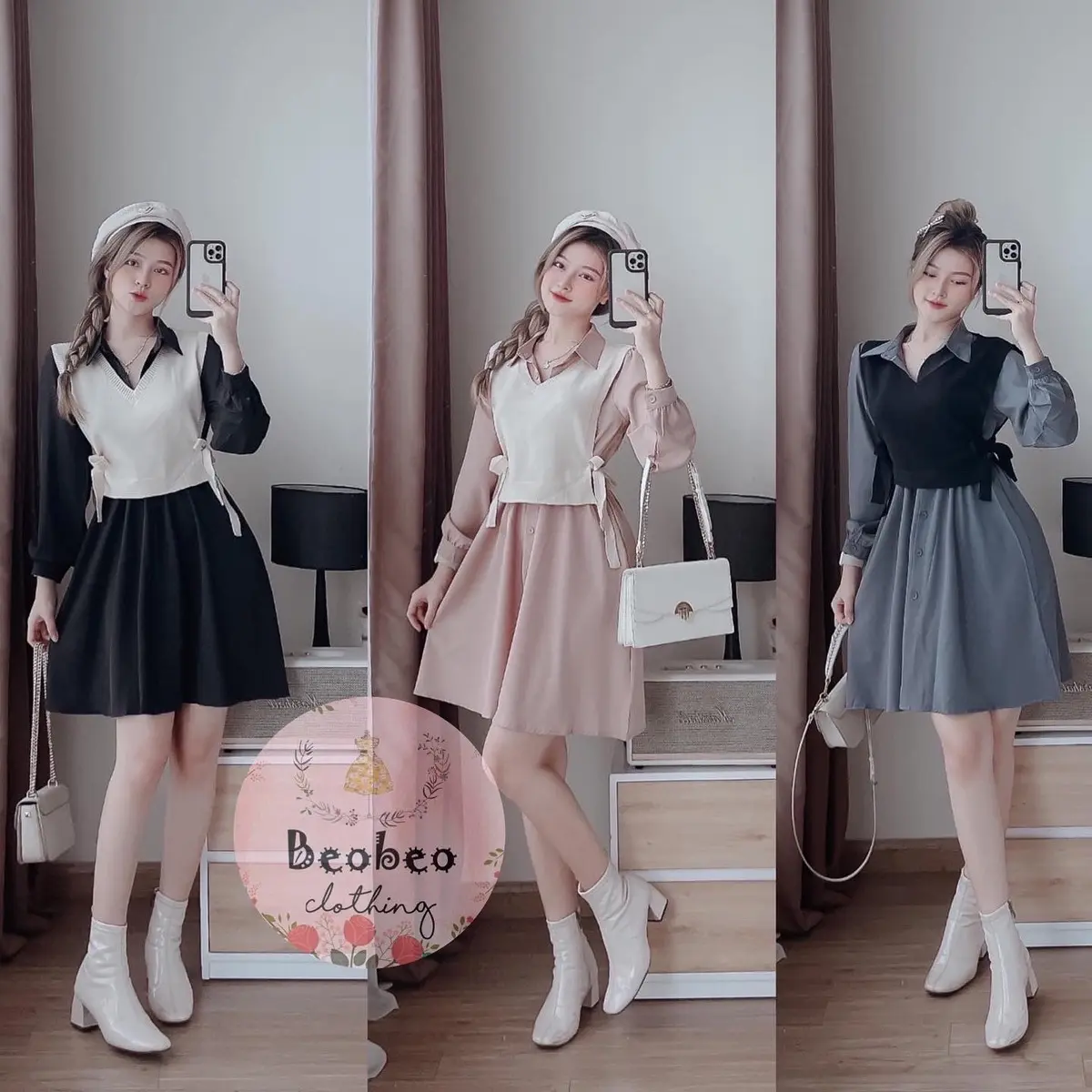 Set đầm sơ mi tay phồng phối nút kèm áo gile thắt nơ vintage