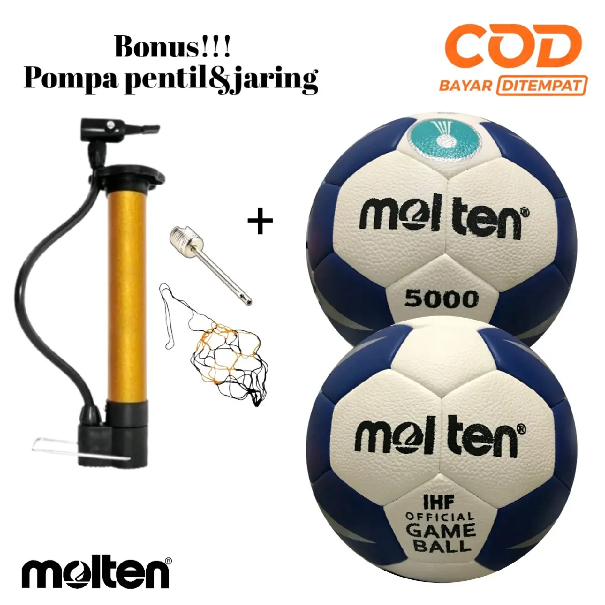 BOLA HANDBALL/TANGAN BOLA MOLTEN 5000 SIZE 1-2-3/GRATIS POMPA PENTIL&JARING