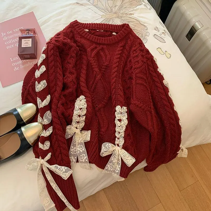 Áo Len Ren Xoắn Màu Đỏ Anh Đào Cho Nữ, Áo Len Dệt Kim Có Nơ Ngọt Ngào Giáng Sinh Mới, Mùa Xuân, Mùa Thu Và Mùa Đông