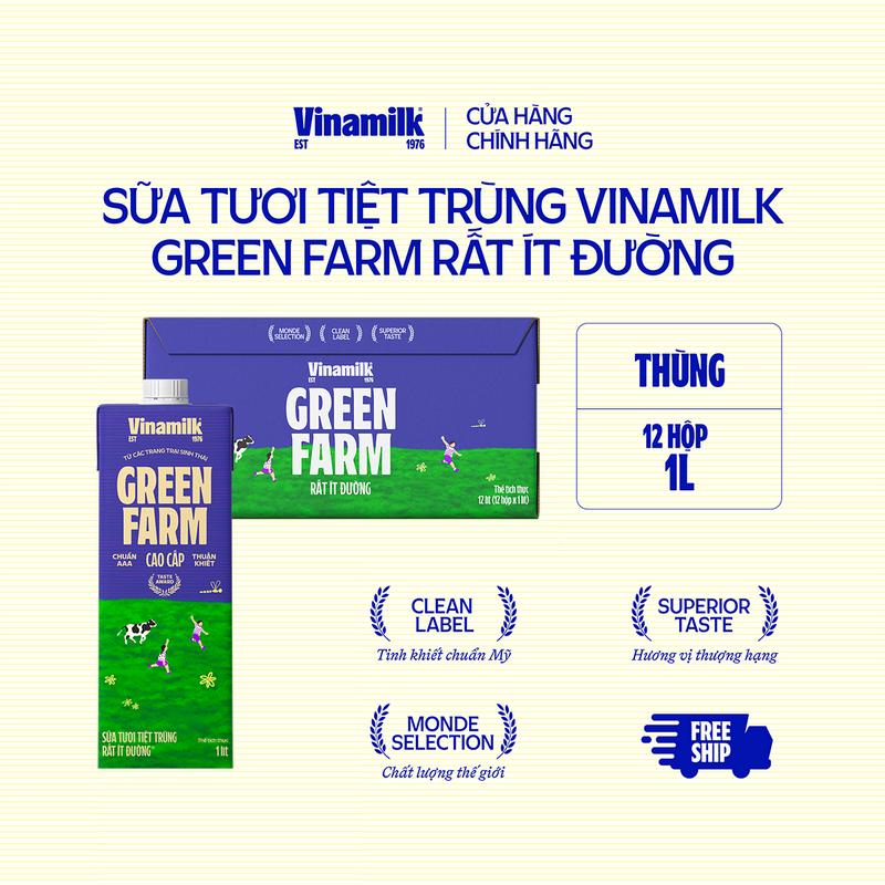 Sữa tươi tiệt trùng Rất ít đường Vinamilk Green Farm - Thùng 12 Hộp 1L
