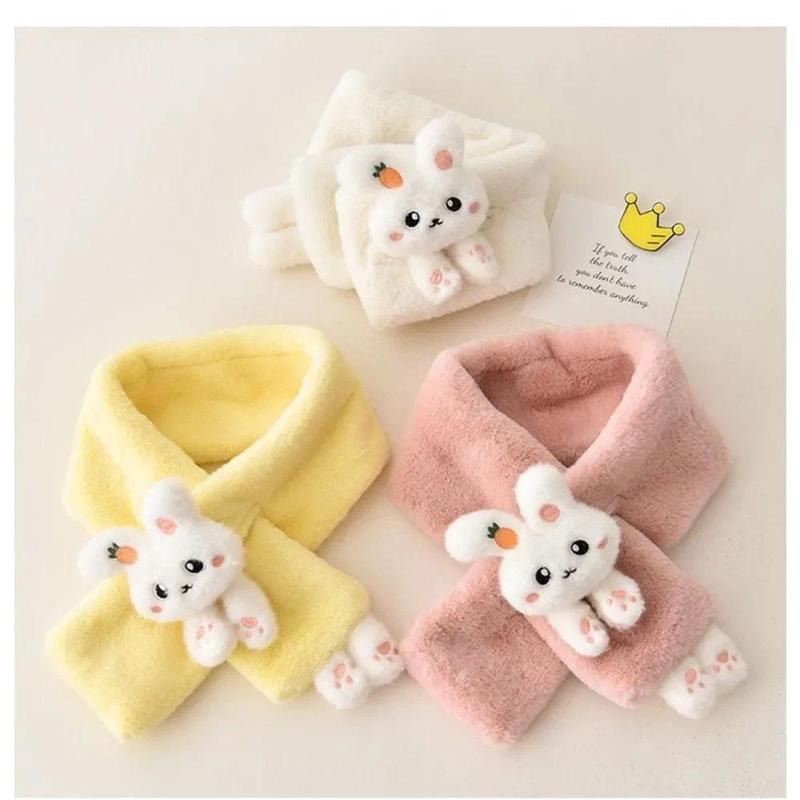 Boys Girls Winter Scarfs Thick Plush Cross Children's Scarf Baby Bib Cute Cartoon Rabbit Faux Fur Neck Protection Warm Shawl 2
