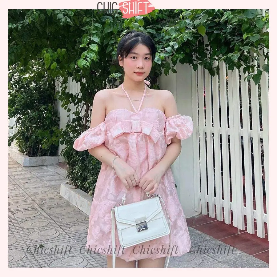 Chicshift -  Váy đầm babydoll bồng trễ vai vải tơ hoa hồng hai lớp màu pastel