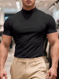 Camiseta deportiva de cuello alto de color sólido para hombre, camiseta de manga corta deportiva de ajuste regular para correr en el gimnasio, ropa deportiva y al aire libre para todas las estaciones