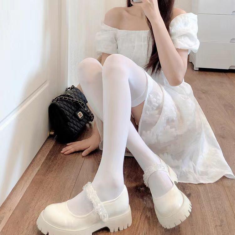 Vớ Qua Đầu Gối, Màu Trắng, Dành Cho Mùa Xuân Và Mùa Hè, Vớ Nhung Mỏng Dành Cho Nữ, Phong Cách Nhật Bản, Vớ Trắng Lụa Dài, Vớ Cao Đến Đùi JK Màu Đen Cao Women 6