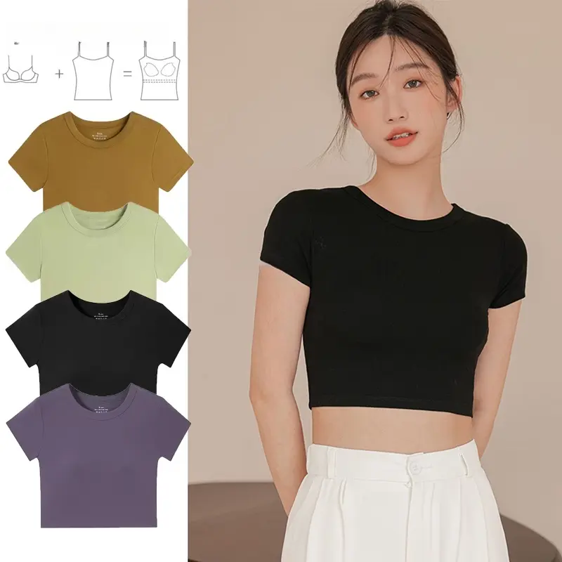 2024 New Women 2 in 1 Crop Top Round Neck Shorts Sleeve Bra Padded Tops T-Shirt Fabric Womenswear Collar Pullover
