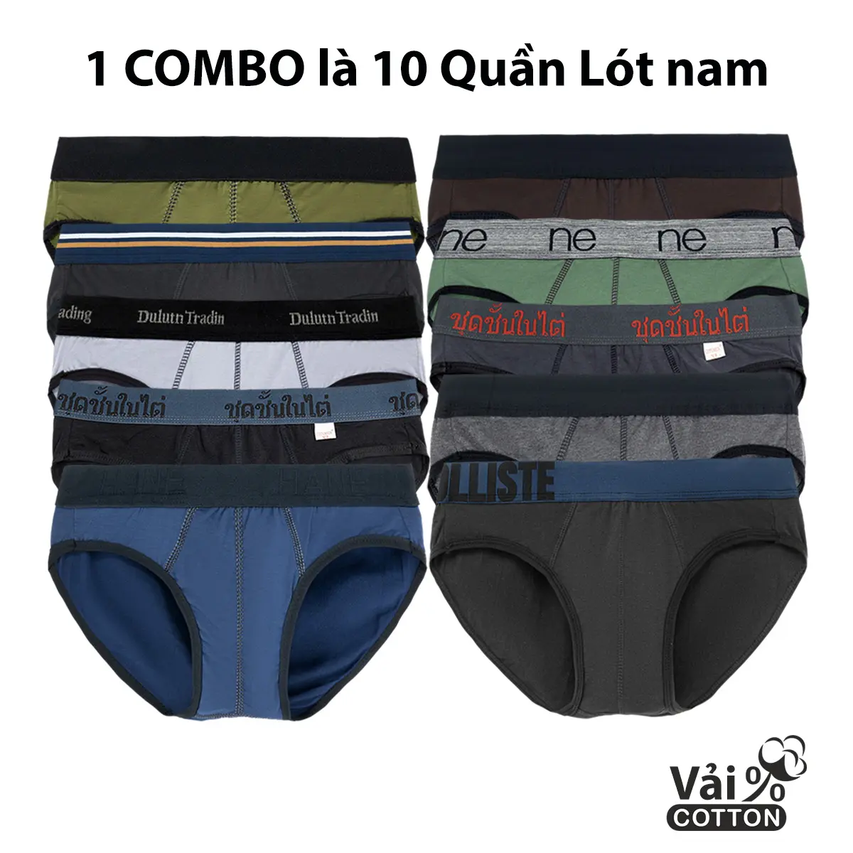 Combo 10 quần sịp nam Thun cotton cao cấp co dãn tốt nhiều lưng bản cạp cao, quần lót nam tam giác Menswear nhiều màu thấm hút mồ hôi Boxer