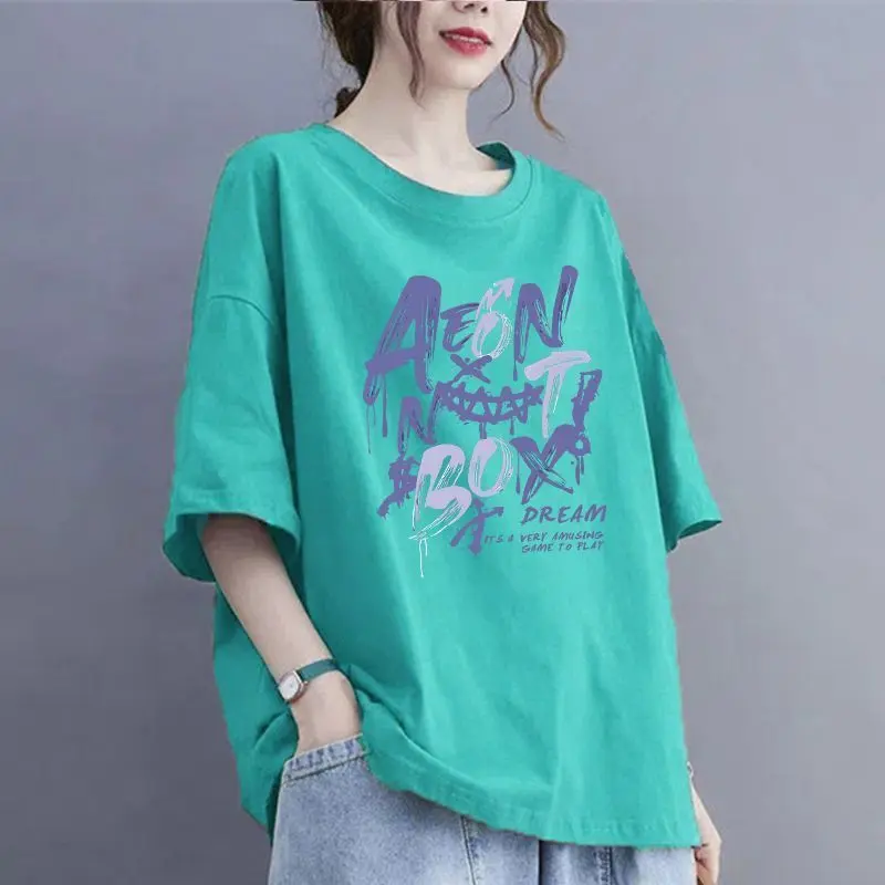 Áo Thun Cotton Ngoại Cỡ Mùa Hè, ngắn Tay, Dáng Rộng Vừa Vặn, Có Thể Mặc Ngoài Trời, Mỏng Vừa Vặn, Thiết Kế Giấu Bụng, Áo Cổ Tròn, Dành Cho Nữ, 100,00kg, Áo