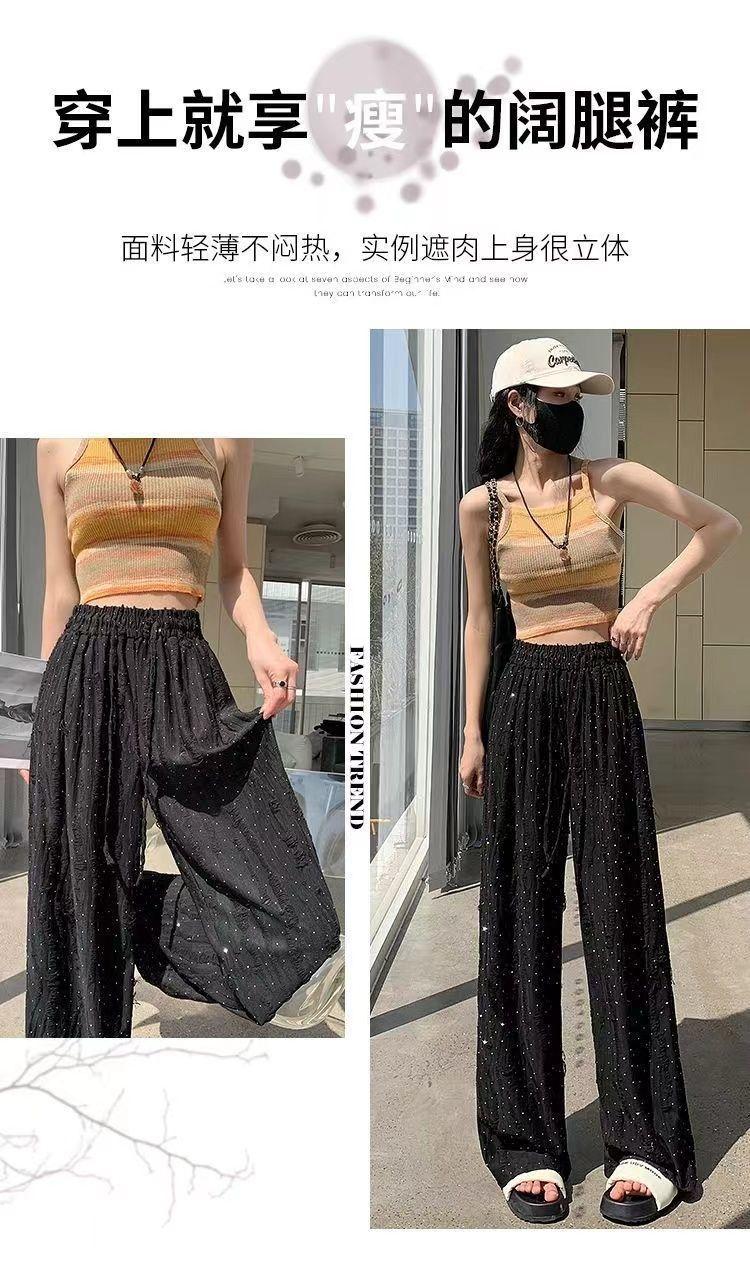 Product Introduction of Summer Ripped Rhinestone New Versatile Sports Wide-Leg Pants Trendy Street Style Long Pants Fashionable Elastic Waist High-Waisted Pants for Women 13