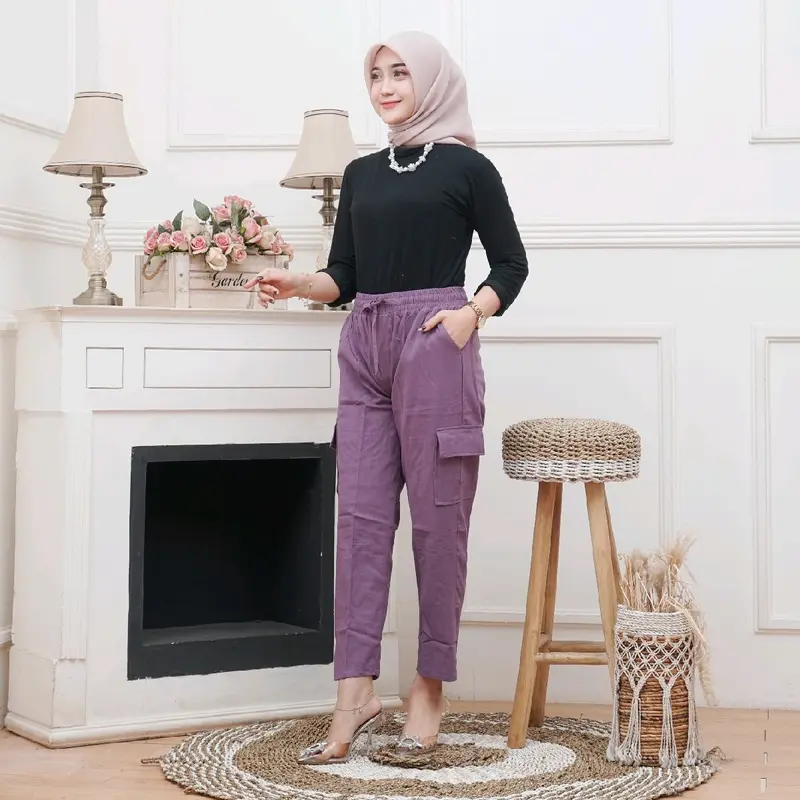 CELANA CARGO WANITA LINEN CRINKLE PREMIUM Karet Panjang Basic Katun 5