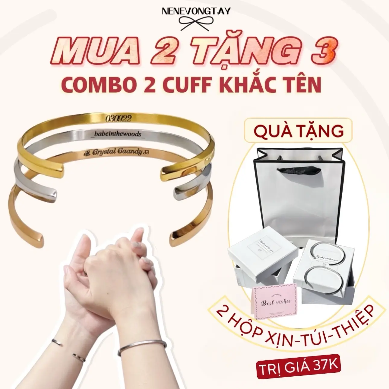 [TẶNG 2HỘP+TÚI+THIỆP] 1 ĐÔI vòng cuff titan ko hoen gỉ- khắc tên TRONG Nene kèm bộ box túi xịn vòng couple - vòng đôi quà 8/3