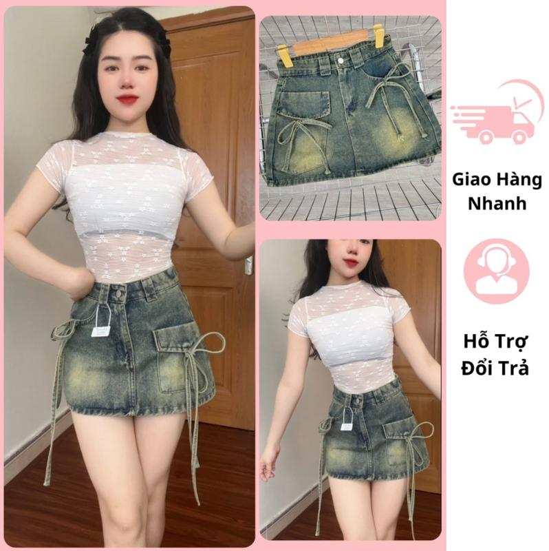  Chân váy jean nơ túi dáng chữ A cạp cao có quần bảo hộ bên trong Nữ Women 