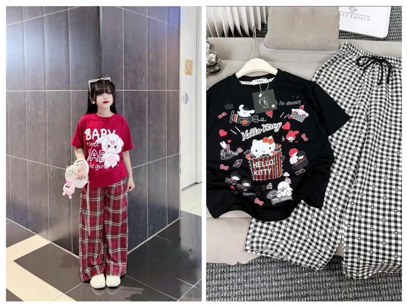 ( ComBô 2 Bộ ) Sét áo cộc tay quần ống xuông kẻ caro cho bé gái từ 9-42kg chất cotton su 6