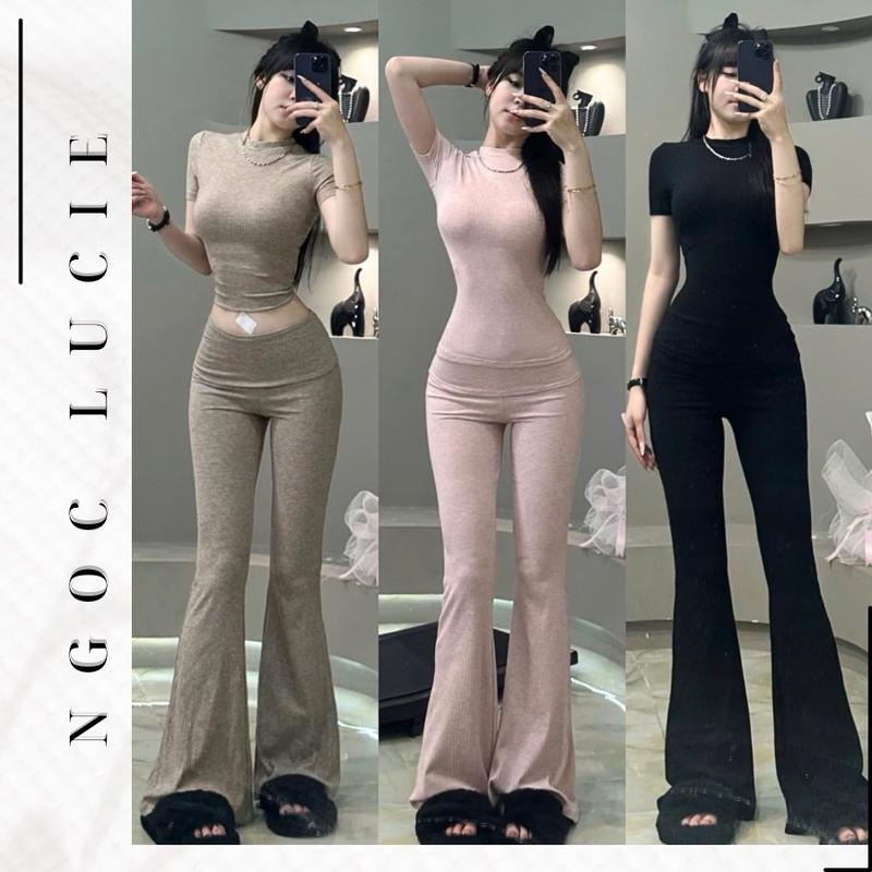 S332 - Set Đồ Nữ Quần Ống Loe Cạp Trễ + Áo Tay Ngắn Cổ Tròn - Ngọc Lucie
