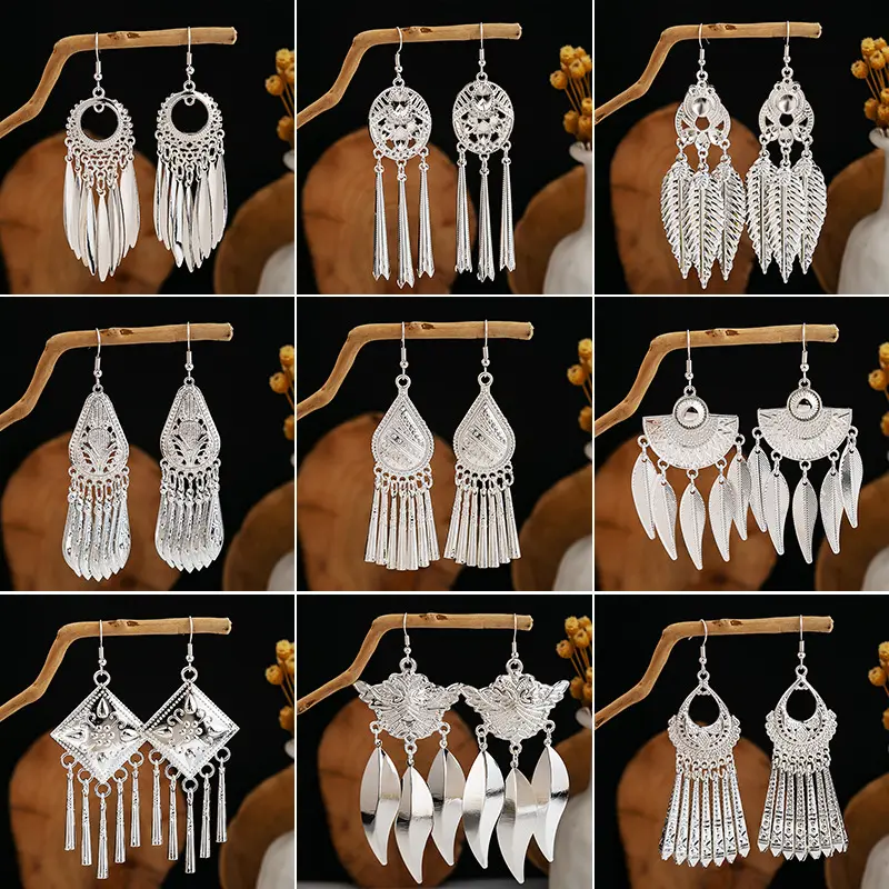 Hoa tai giả Màu bạc Miao, hoa tai dân tộc, điểm du lịch, phóng túng, lá dài, hoa tai tua rua