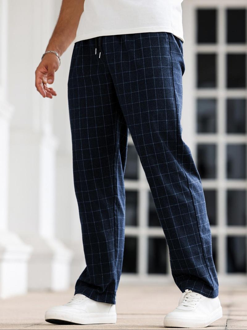 Product Introduction of Men's Plaid Print Drawstring Waist Straight Leg Pants, Regular Fit Casual Comfy Pocket Trousers for Daily Wear, Men's Bottoms for All Seasons 8