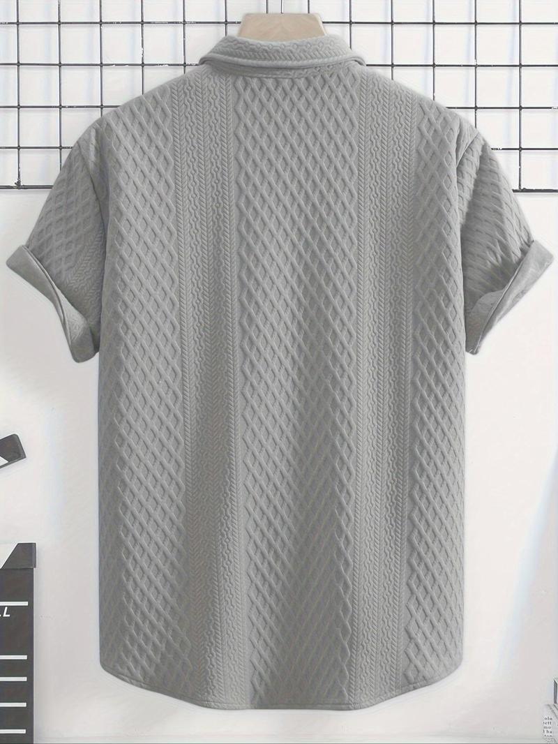 Product Introduction of Men's Solid Textured Button Front Shirt, Regular Fit Casual Short Sleeve Collared Top for Summer, Fashion Men's Clothes for Daily Wear 4