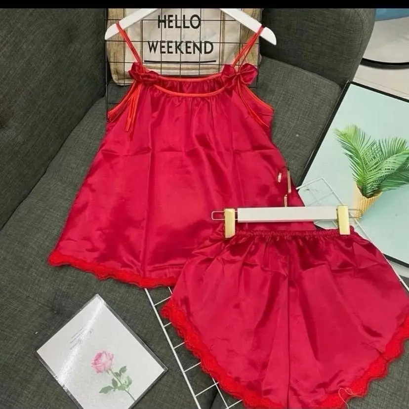 Bộ quần đùi áo 2 dây phối viền ren và nơ nhỏ vải phi lụa (40-55ki) cho nữ - Women