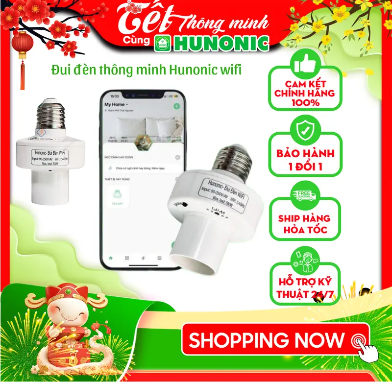 Đui đèn thông minh wifi hunonic điều khiển bật/tắt bóng đèn từ xa qua điện thoại 0