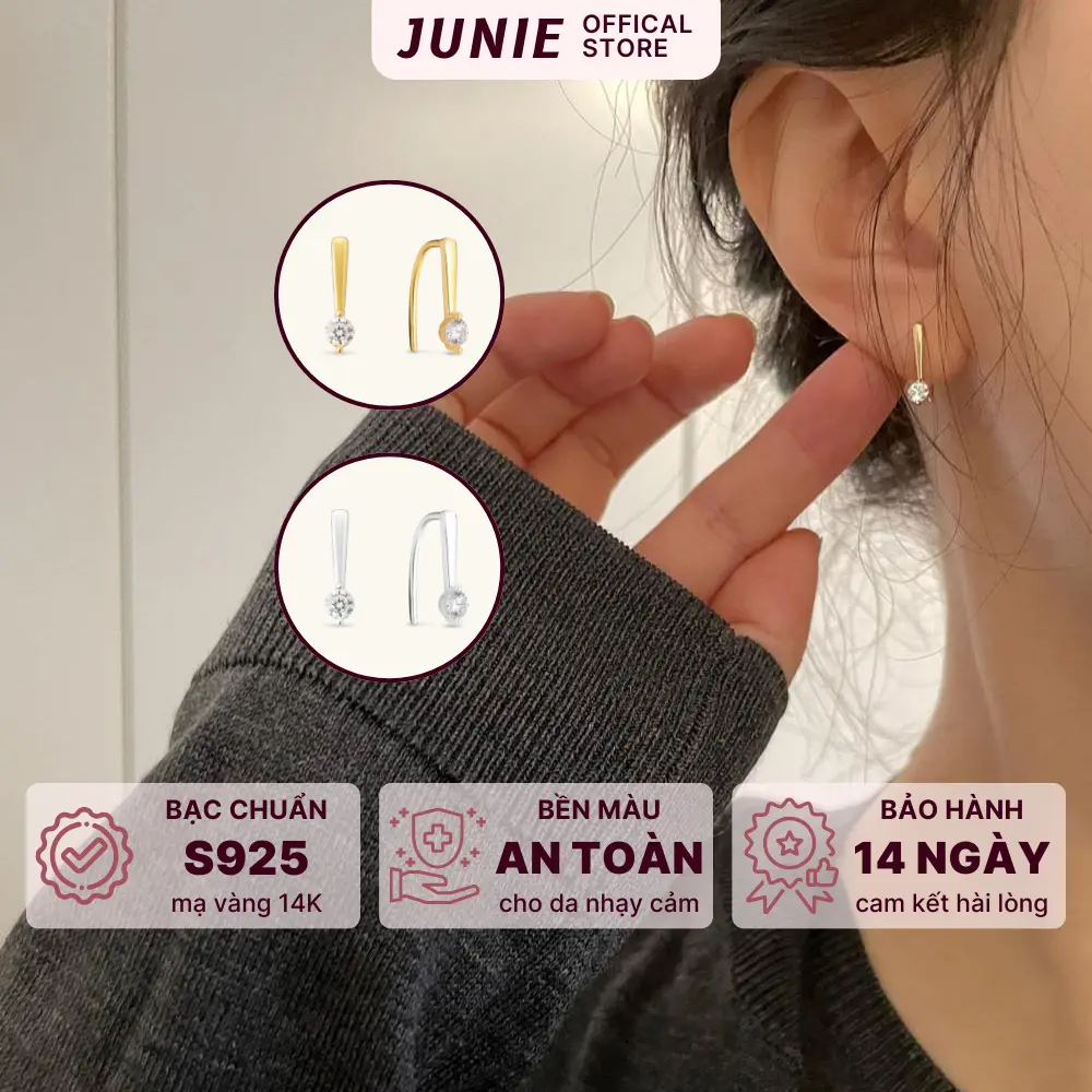 Bông Tai Bạc Mạ Vàng JUNIE, Dạng Móc Đính Đá Sang Trọng E-DANICA