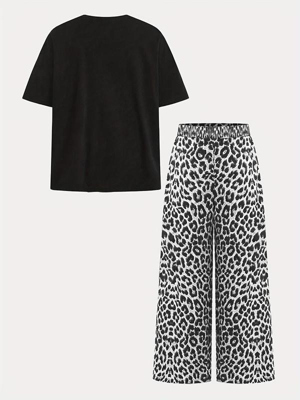 Two-piece Set Girl's Leopard Letter Print Tee & Pants Set, Casual Fashion Round Neck Short Sleeve T-shirt & Trousers for Daily Outdoor Wear, Kids Clothing for Summer, Rounded Neck 7