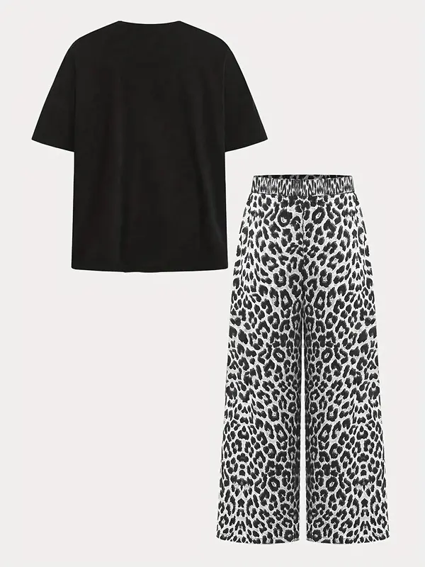 Two-piece Set Girl's Leopard Letter Print Tee & Pants Set, Casual Fashion Round Neck Short Sleeve T-shirt & Trousers for Daily Outdoor Wear, Kids Clothing for Summer, Rounded Neck 7